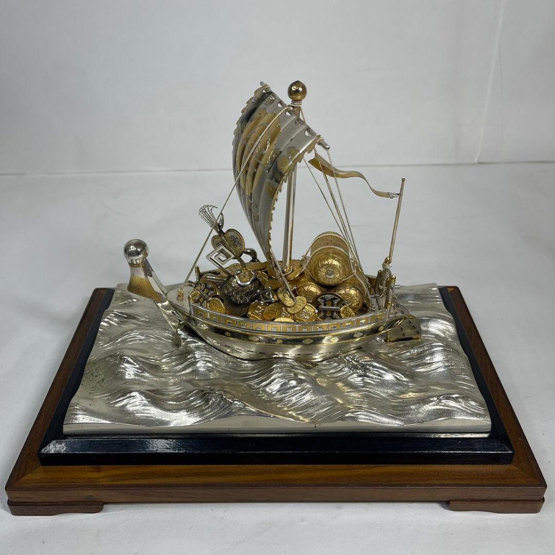 銀製 刻印 宝船 総重量 約2760g 置物 ガラスケース付