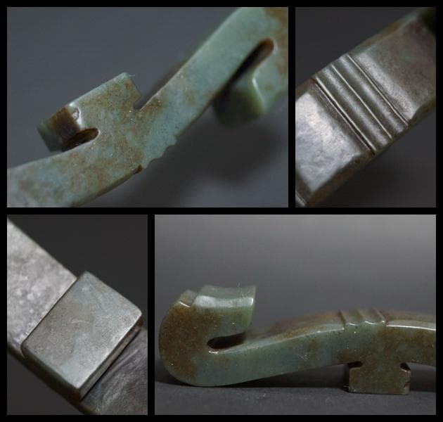 古代 和田玉(ホータン)細工彫り古代龍首帯勾 根付 緒締玉 提げ物 装飾品 置物