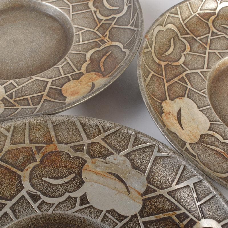 本錫　継山造　花文　茶壷　茶こぼし　茶托五客　合計約1027g　D　R6699