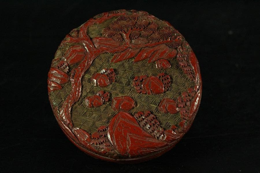 中国美術 堆朱 刻松下人物紋 香合(K-A833)