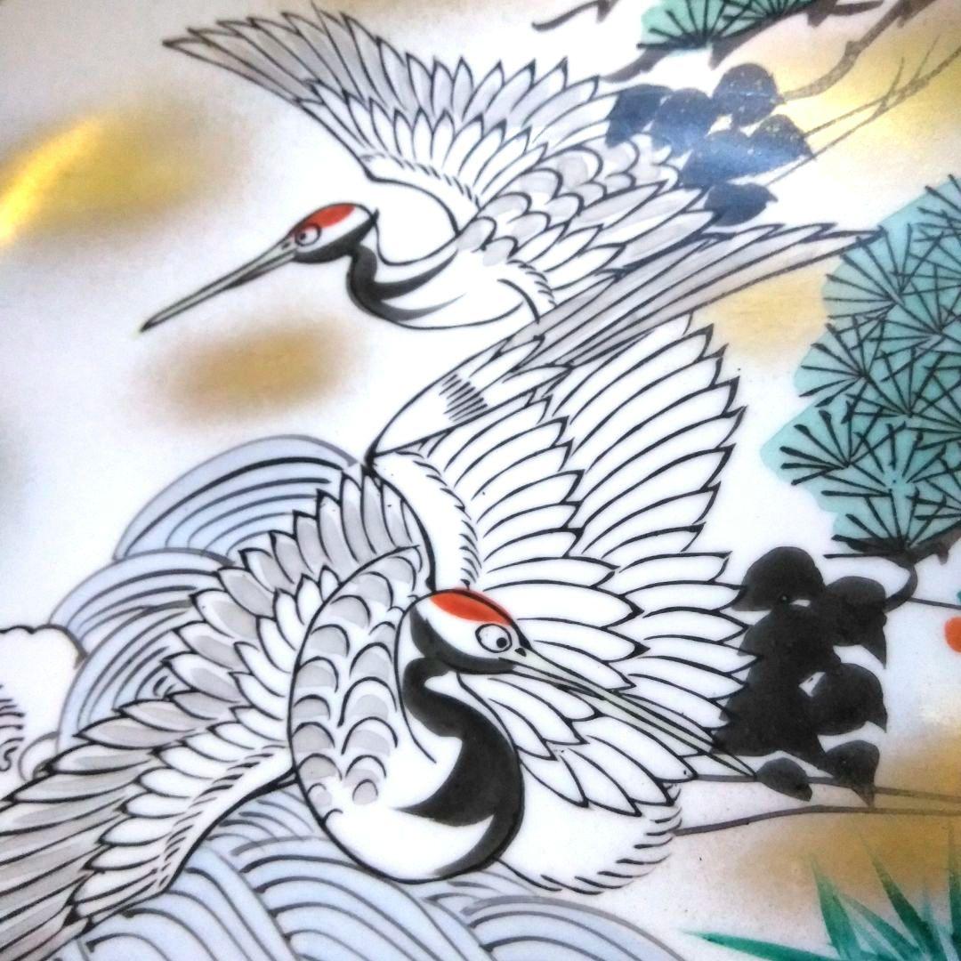 九谷焼 飾り皿・九谷焼 玉竜窯大皿 縁起物(夫婦鶴＋松竹梅＋青海波)