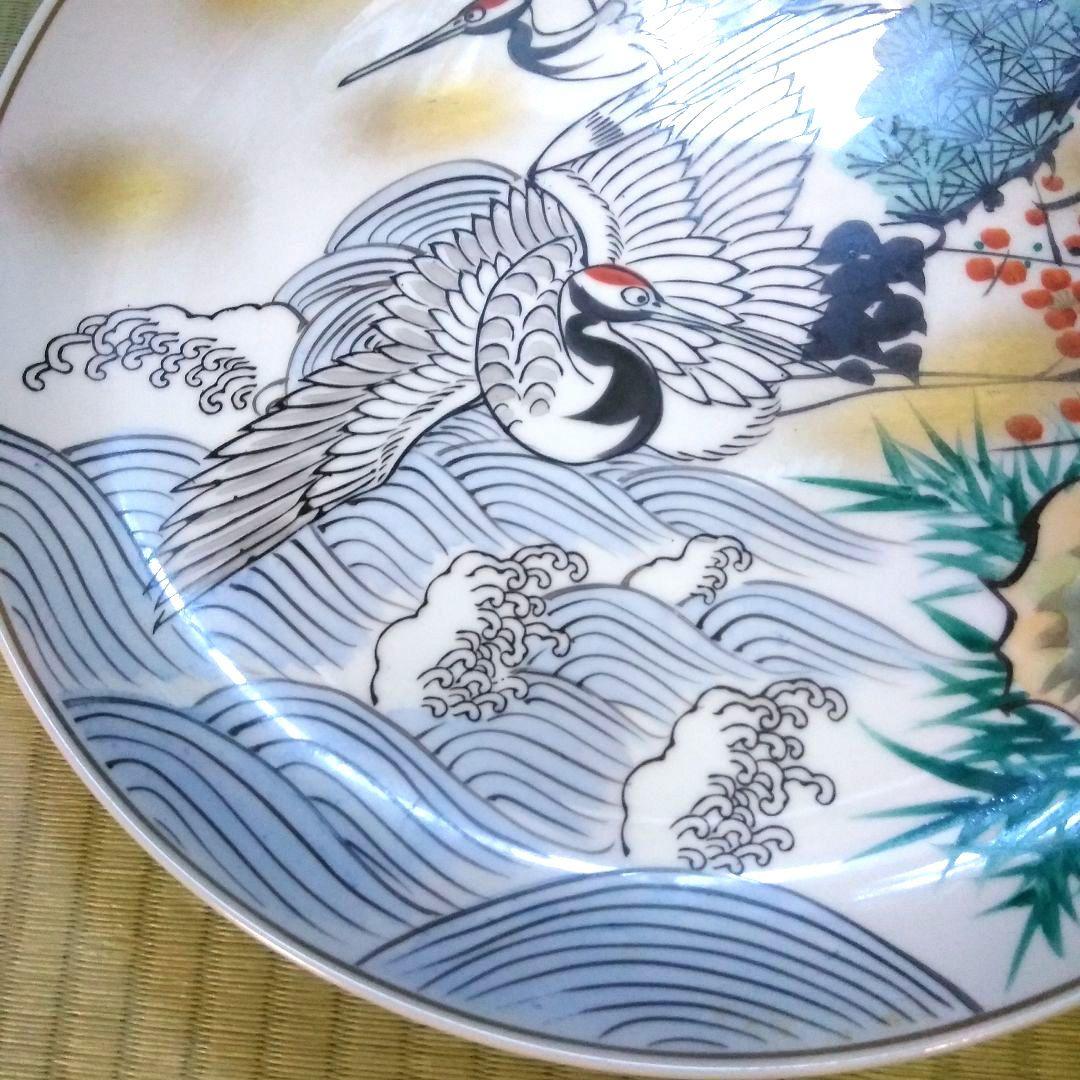 九谷焼 飾り皿・九谷焼 玉竜窯大皿 縁起物(夫婦鶴＋松竹梅＋青海波)