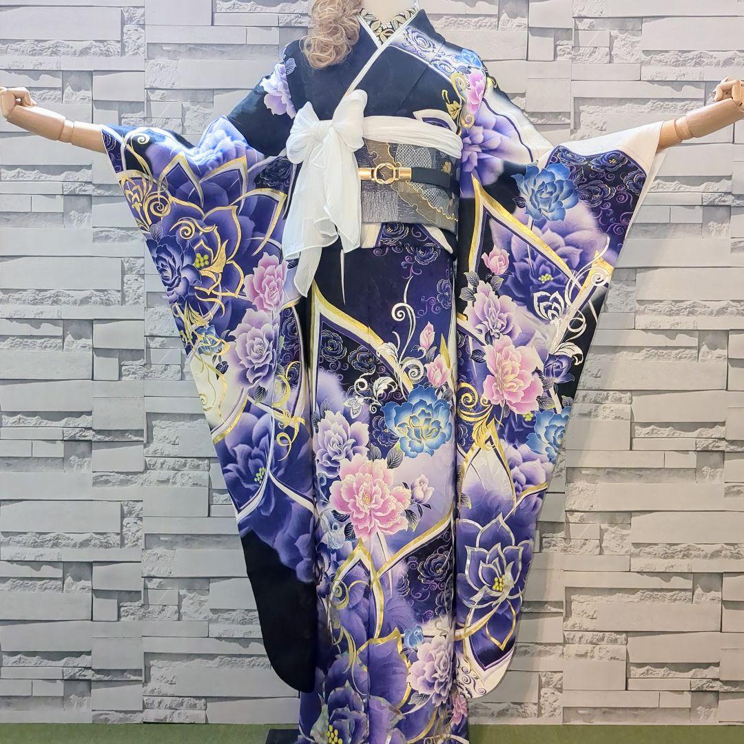 振袖セット 振袖フルセット 正絹振袖 駒刺繍 薔薇 銀通し 金銀系 黒紫青 66