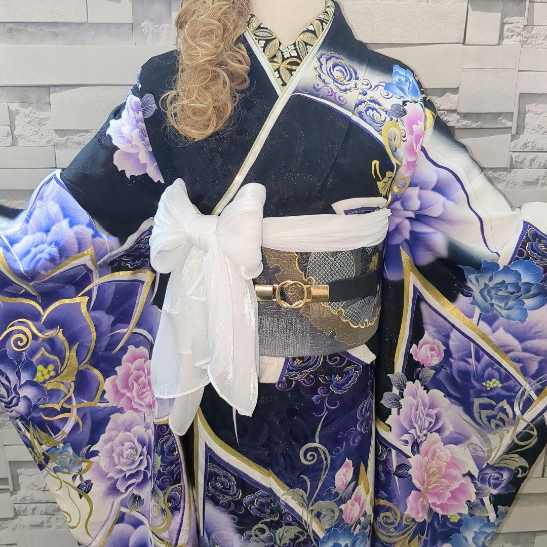 振袖セット 振袖フルセット 正絹振袖 駒刺繍 薔薇 銀通し 金銀系 黒紫青 66
