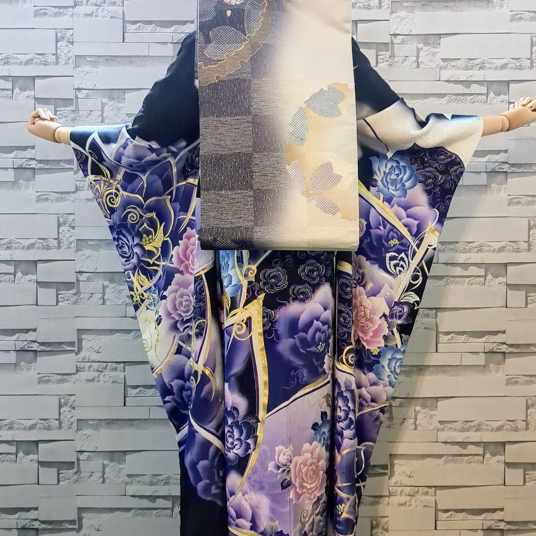 振袖セット 振袖フルセット 正絹振袖 駒刺繍 薔薇 銀通し 金銀系 黒紫青 66