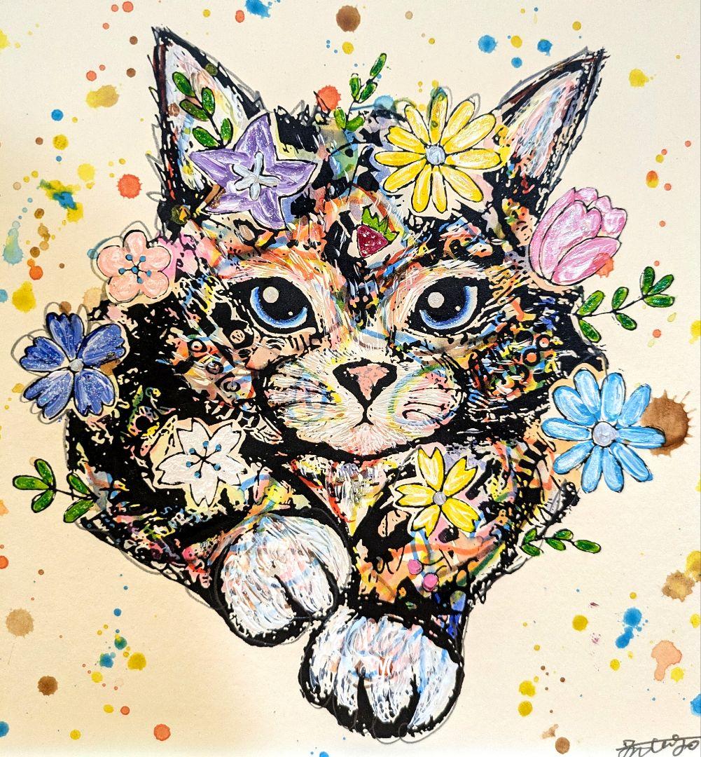 スイカ大サイズ✨手作り額付き作品「へい！お待ちニャンコ」