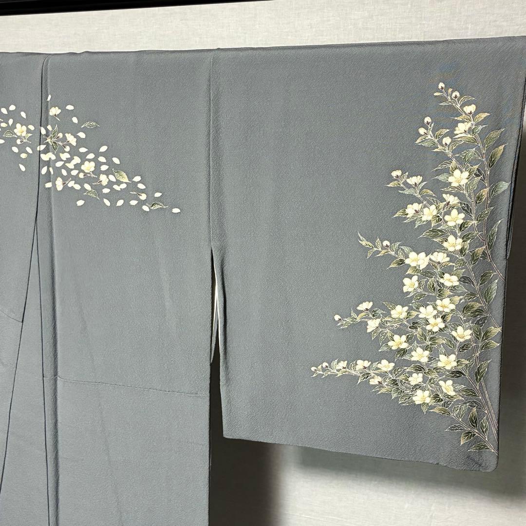 D81 訪問着 桜 手描き グレー ちりめん 縫い紋 正絹 着物 袷 極美品