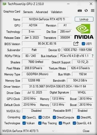 グラフィックボード・グラボ・ビデオカード Palit GeForce RTX 4070 Ti GamingPro 12GB