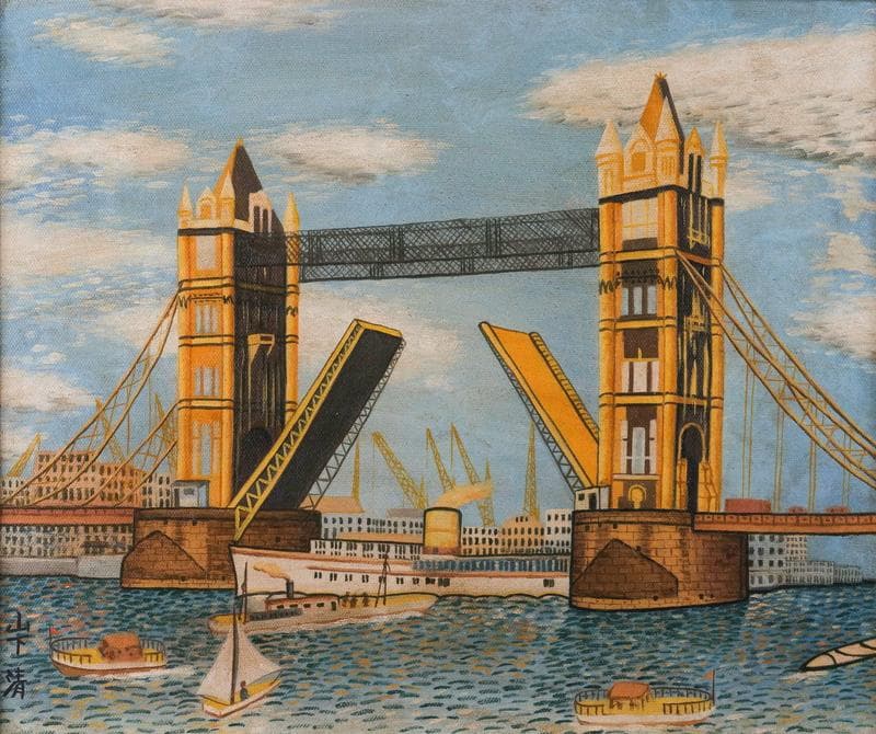 山下清　油彩　肉筆『ロンドンのタワーブリッジ』表と裏サイン　F8号　額装　z67