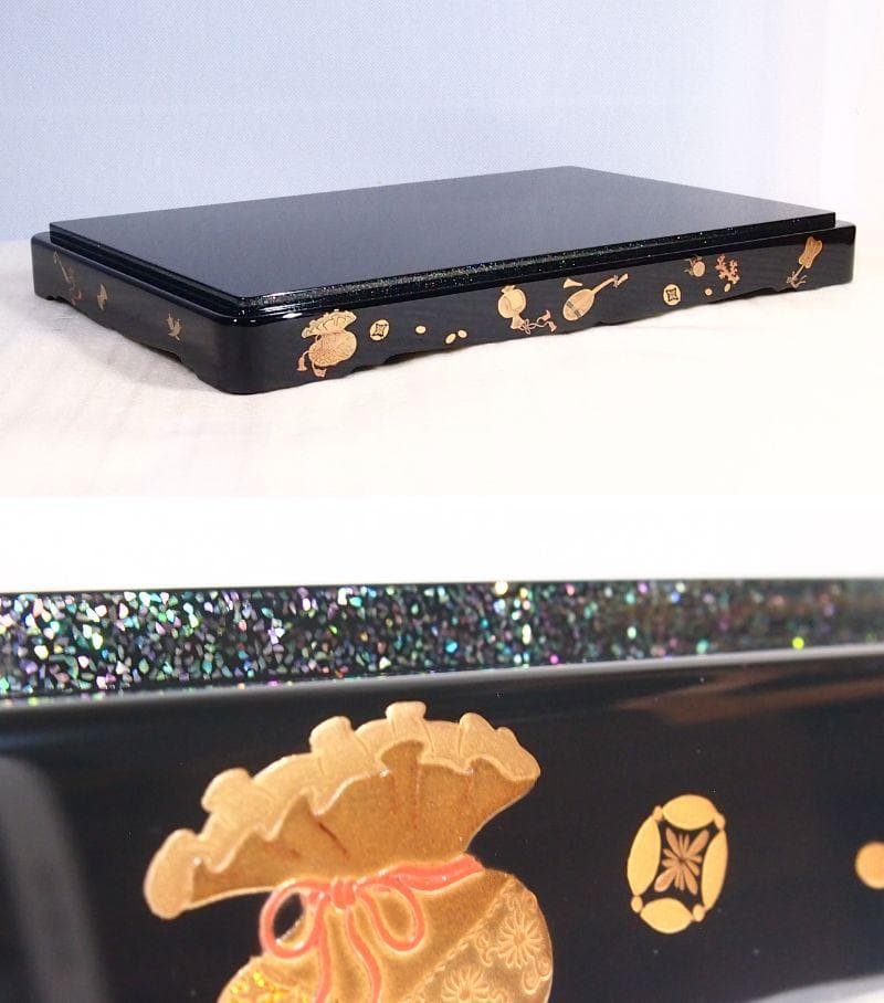 【高級・未使用】輪島塗 わじま慶塚 螺鈿/宝尽くし蒔絵 置物台 香炉台/飾り台