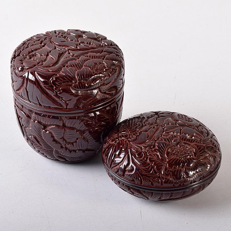 無形文化財　三野原晃一作　村上堆朱　牡丹文　棗　香合　共箱　2点　M　R8069