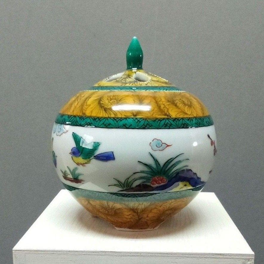 九谷焼 香炉 古九谷風花鳥 田中柚伎作 未使用