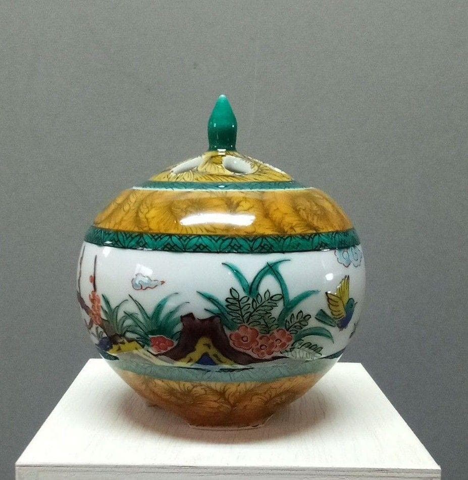 九谷焼 香炉 古九谷風花鳥 田中柚伎作 未使用