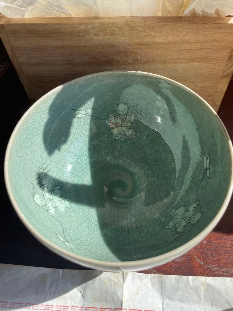 未使用　高麗青磁の韓国人間国宝　柳海剛（ユ・ヘガン）青緑色の陶器製茶器と木箱