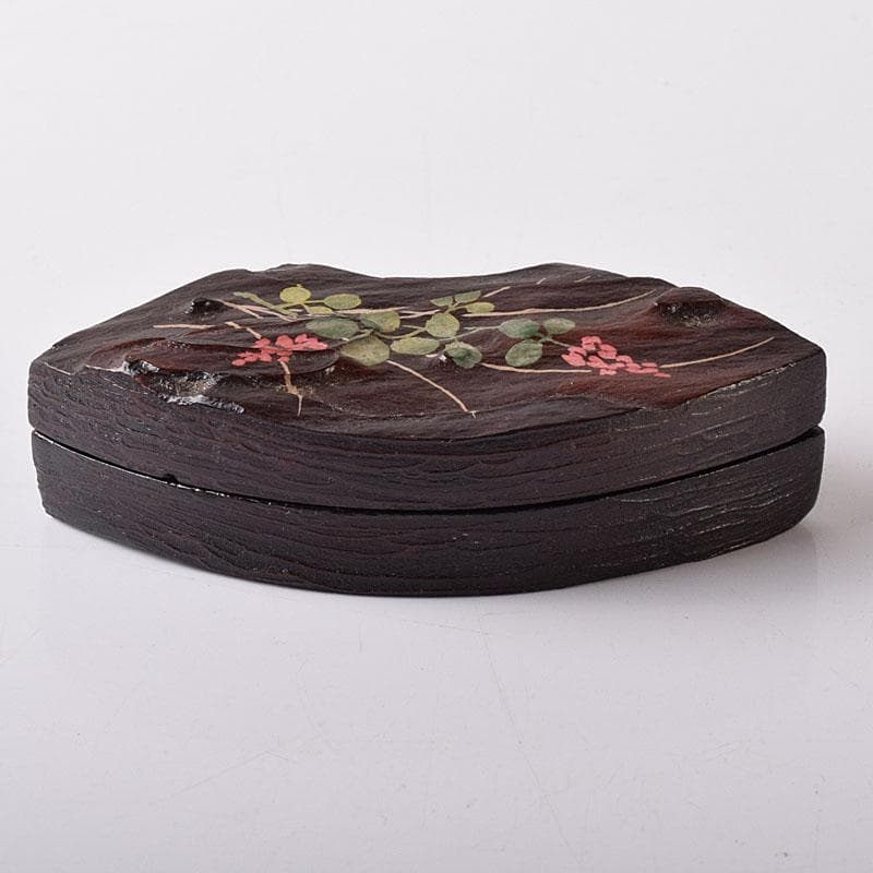 茶道具　塗師　高橋峯房作　秋草蒔絵　扇面型　香合　共箱　V　7778