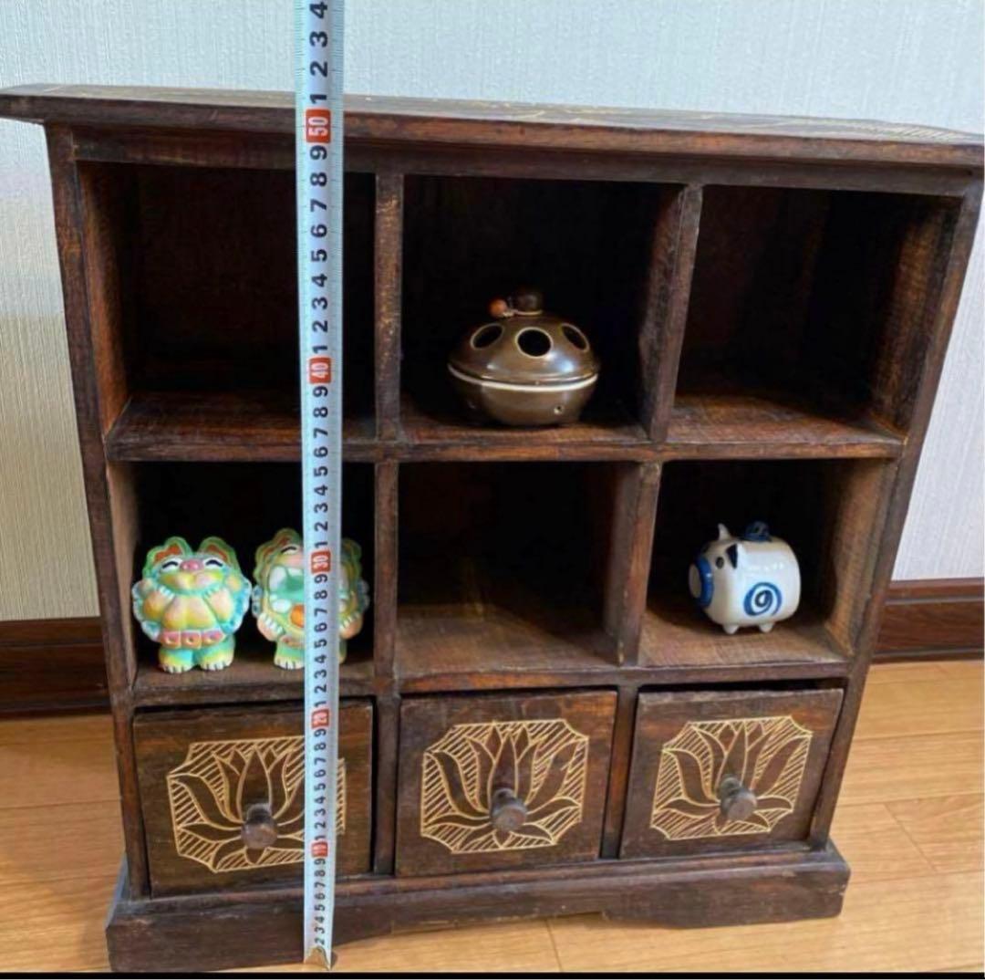 レトロアンティーク家具アジアン家具ディスプレイ棚木製家具ロータス蓮の花手彫り彫刻