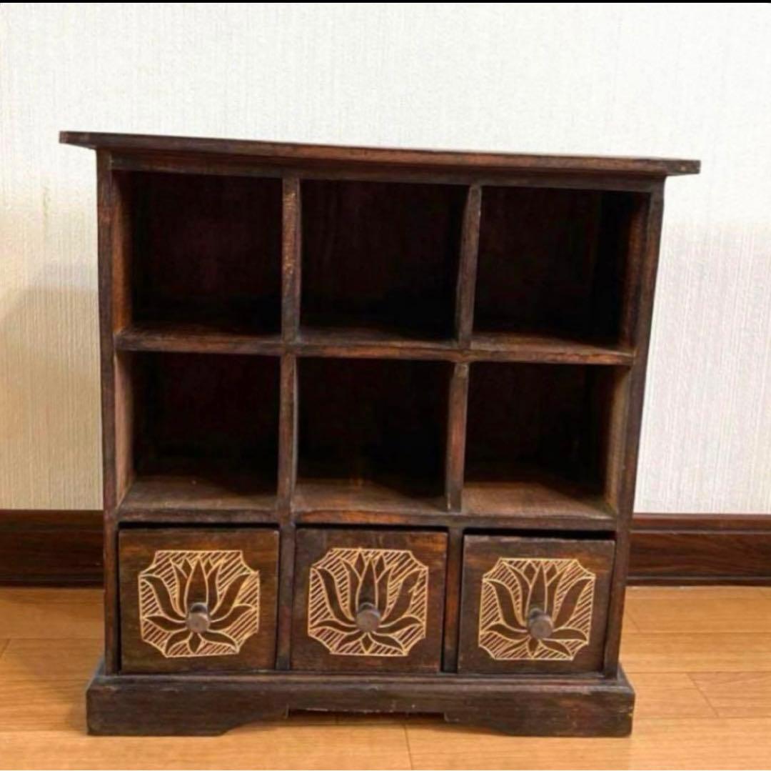 レトロアンティーク家具アジアン家具ディスプレイ棚木製家具ロータス蓮の花手彫り彫刻