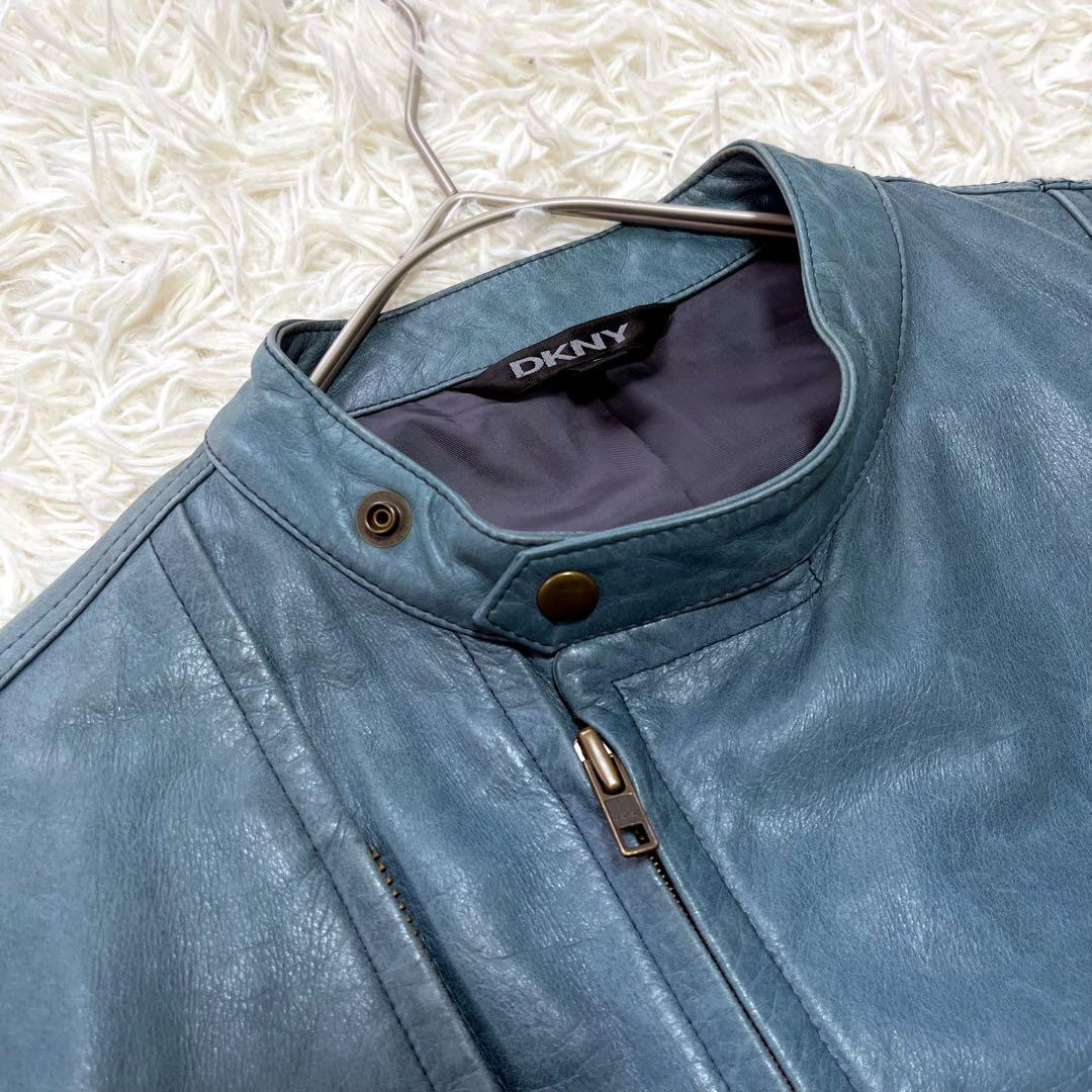 希少カラー✨DKNY 牛革レザージャケット　ライダース　シングル　ライトブルーL