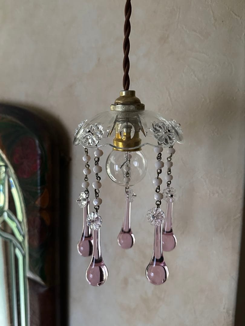 20's フランス アンティーク ピンクムラーノガラスの可愛いミニシャンデリア＊