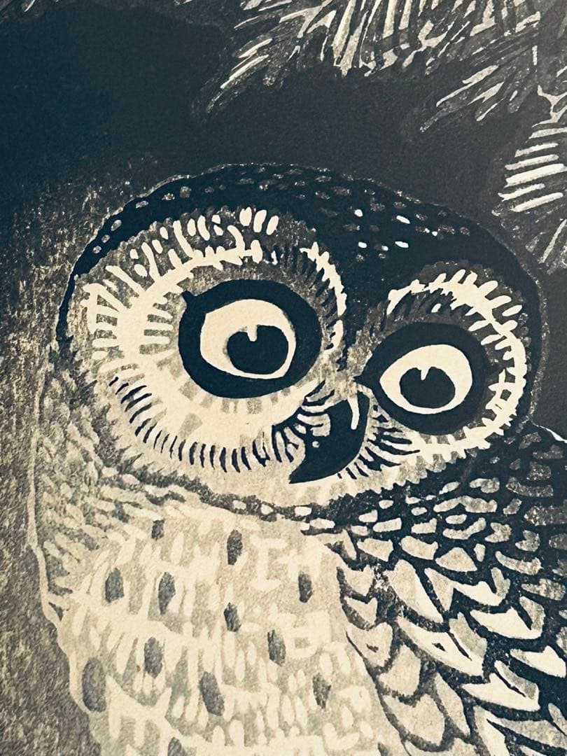 真作保証　木版画　徳力富吉郎　フクロウ　梟　額装つき　芦屋川画廊