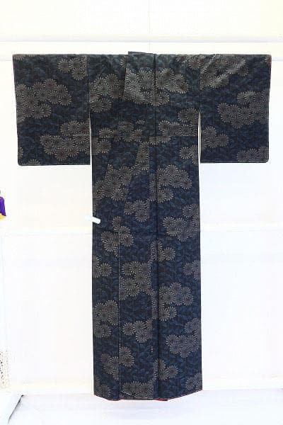 未使用品 本場大島紬 紬 アンサンブル ネイビー 枝花 身丈153.0cm 正絹