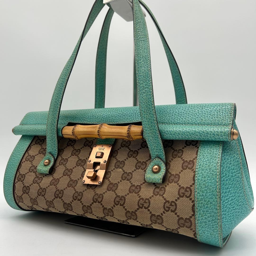【美品】グッチ バンブー ショルダーバッグ GGキャンバス レザー ターコイズ