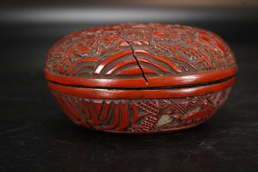 中国美術 堆朱 刻 林行唐子図 香合 蓋物 旧家蔵出