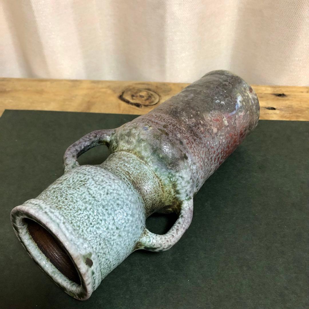 佐久知炎仙 秘色南蛮花器 茶道具 共箱 耳付花入