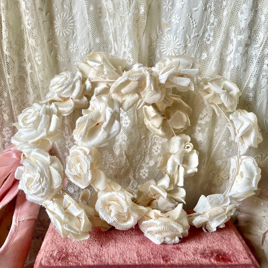 シルク布花ティアラ　布花冠　フランスアンティーク　グローブドマリエ　バラ