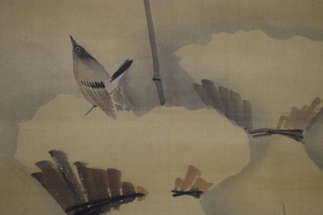 真作/森寛斎/雪中牡丹小禽図/布袋屋掛軸HH-997