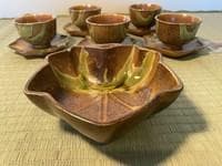 織部焼「織部流し」　（茶菓揃　彩堂窯彩杢作）