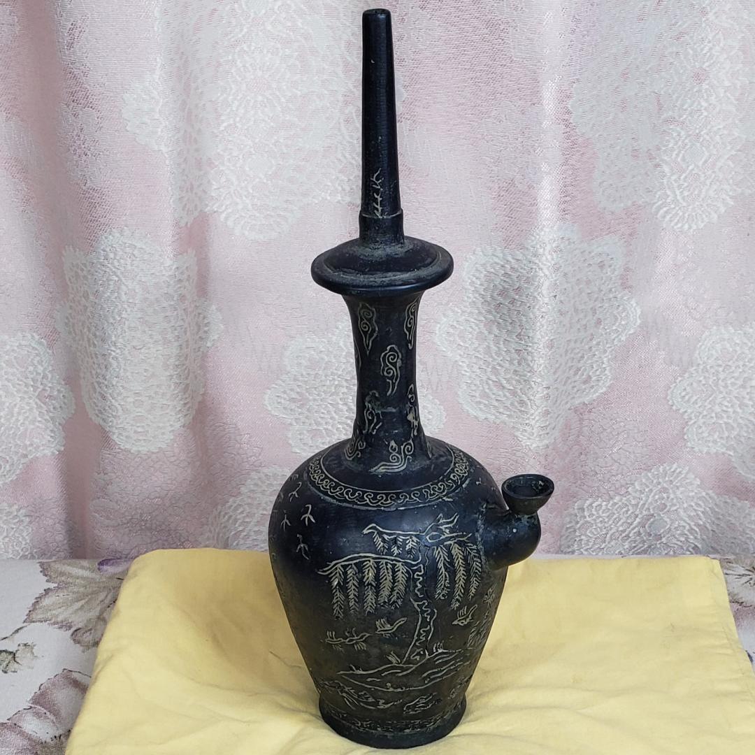 ◆『高麗銀象嵌蒲柳水鳥紋浄瓶』水瓶 銅瓶◆検）新羅仏 百済仏 仏像 天平仏 空海