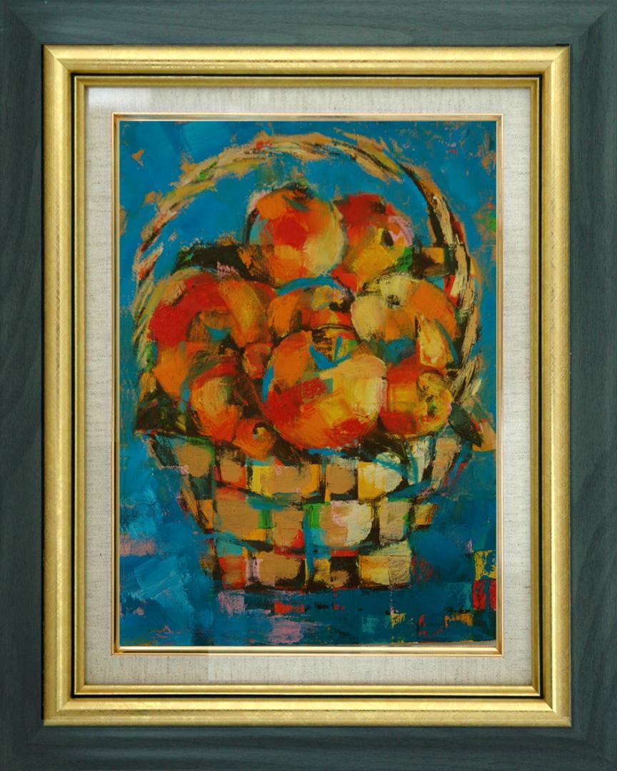 油絵 菅家令子 絵 絵画インテリア 額付(青緑＋金色の枠) uF6-051721