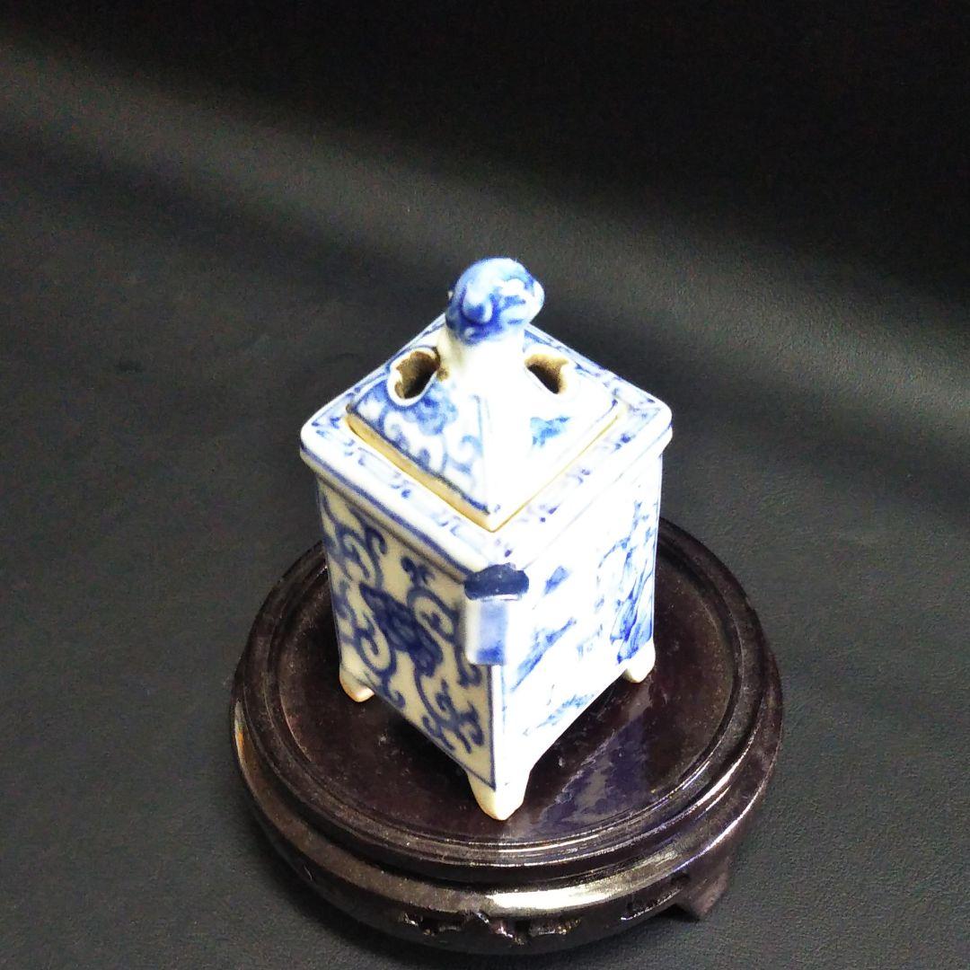 ※古美術/染付け山水獅子蓋四方香炉(底款:道八)