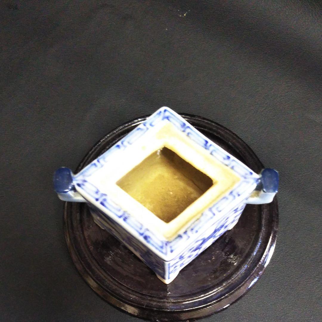 ※古美術/染付け山水獅子蓋四方香炉(底款:道八)