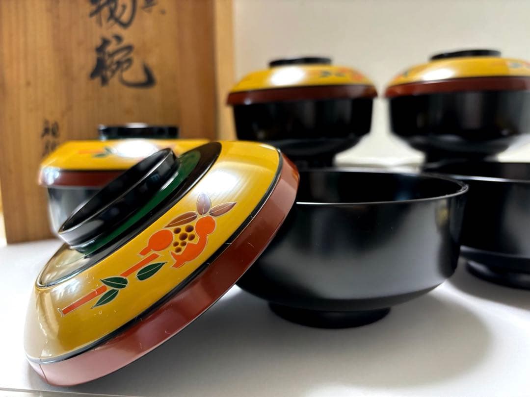 木製漆器　山人艸果蒔絵　煮物椀　山中塗　蓋付煮物椀五客揃い　アンティーク高級漆器