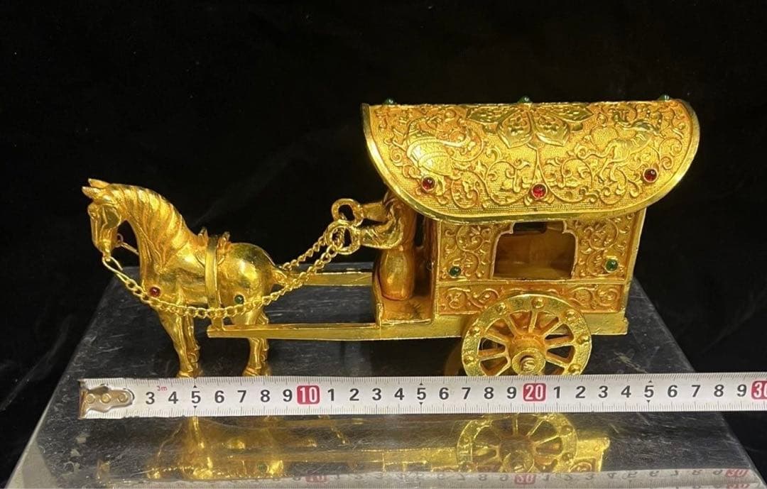 中国美術品　極細工　塗金宝石嵌黄金馬車　骨董　珍蔵品
