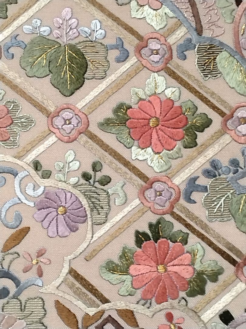 花柄刺繍 袋帯 ベージュ系