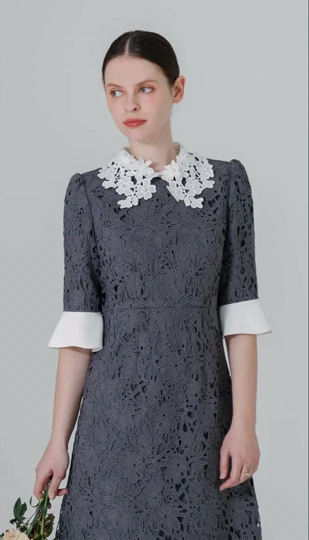 LEJA 花柄レースカラースパンコールAラインワンピースドレス