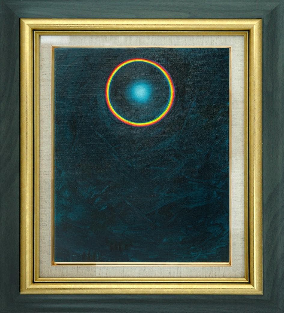 油絵 菅家令子 絵画インテリア額付(青緑＋金色の枠)F3-GB62023祈り希望