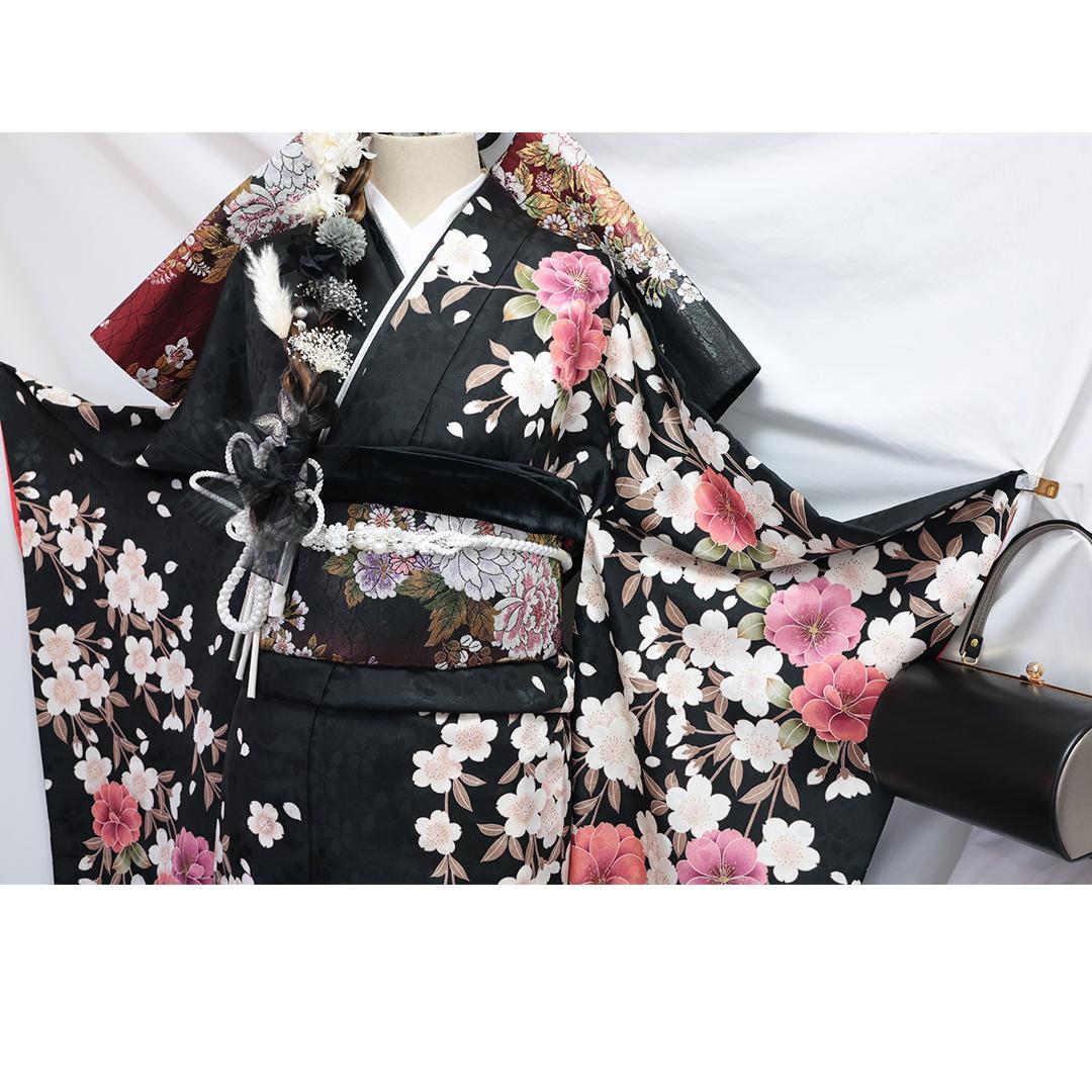 桜柄◆ 振袖セット 丈169.5cm◆フルセット黒ベース帯小物付成人式 28Bs
