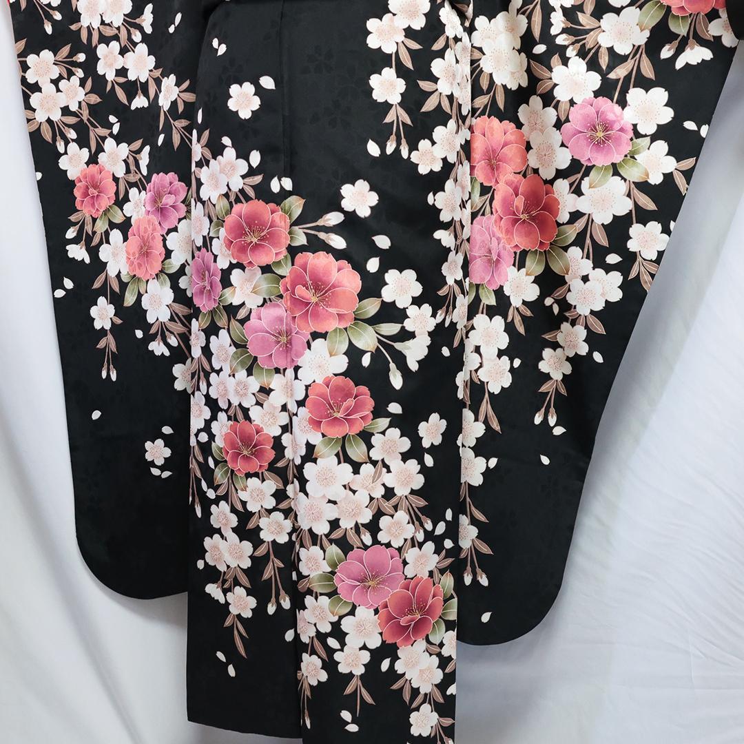 桜柄◆ 振袖セット 丈169.5cm◆フルセット黒ベース帯小物付成人式 28Bs