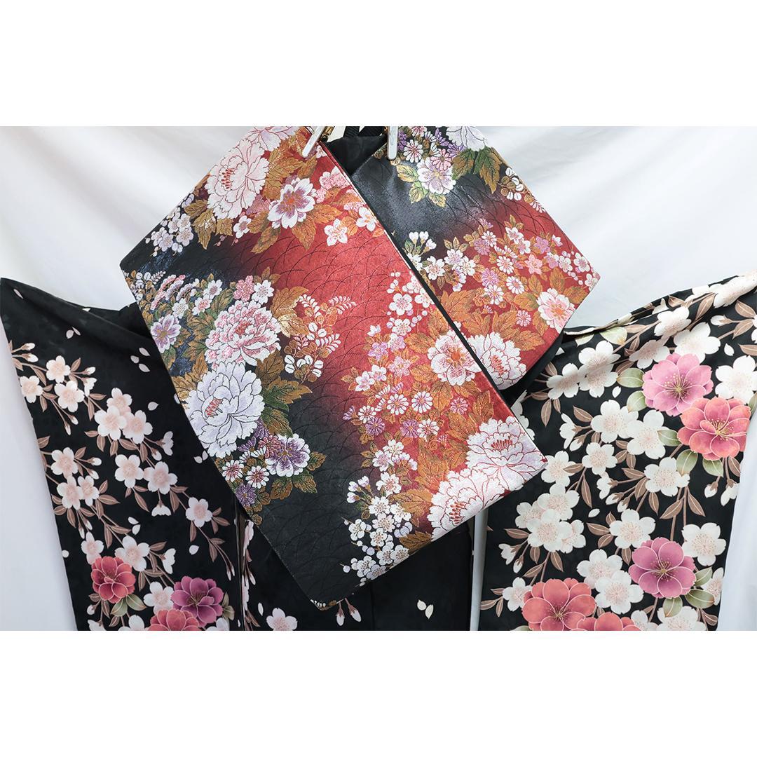 桜柄◆ 振袖セット 丈169.5cm◆フルセット黒ベース帯小物付成人式 28Bs