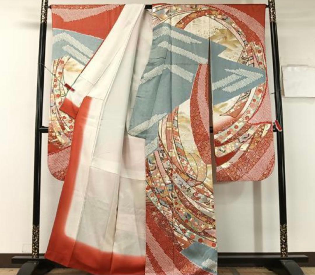 振袖 フルセット6点サイズM〜Ｌ絞り　熨斗吉祥花鳥蝶文　金銀彩　正絹