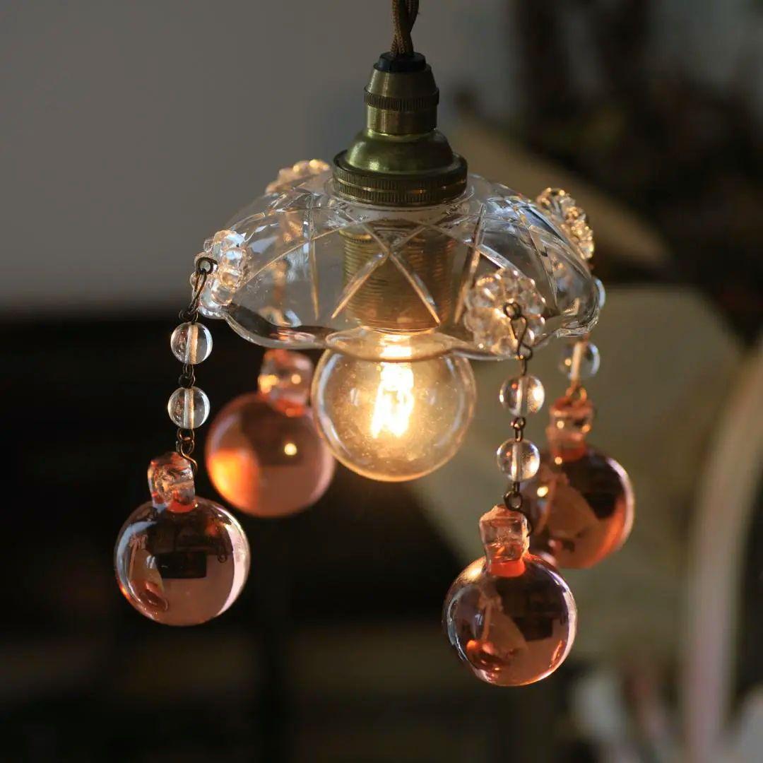 フランスアンティーク ピンク大粒ガラスドロップ ミニシャンデリアシェード