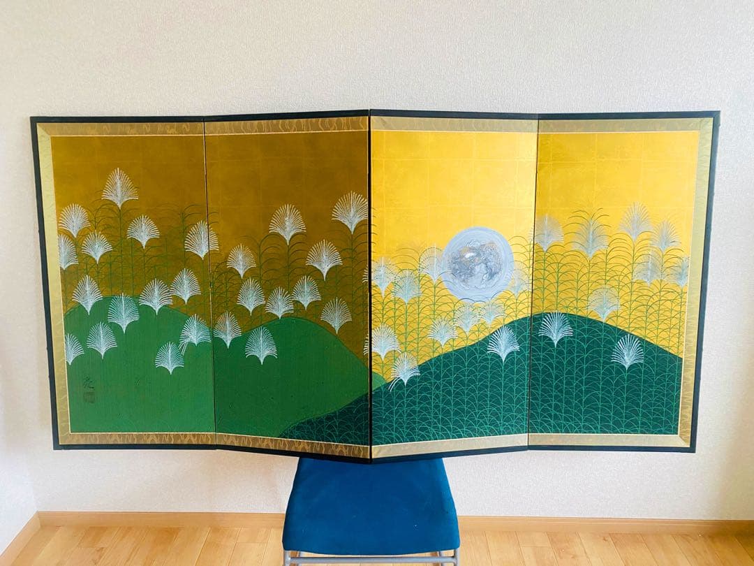 日本画 草花模様 金色背景 160cm