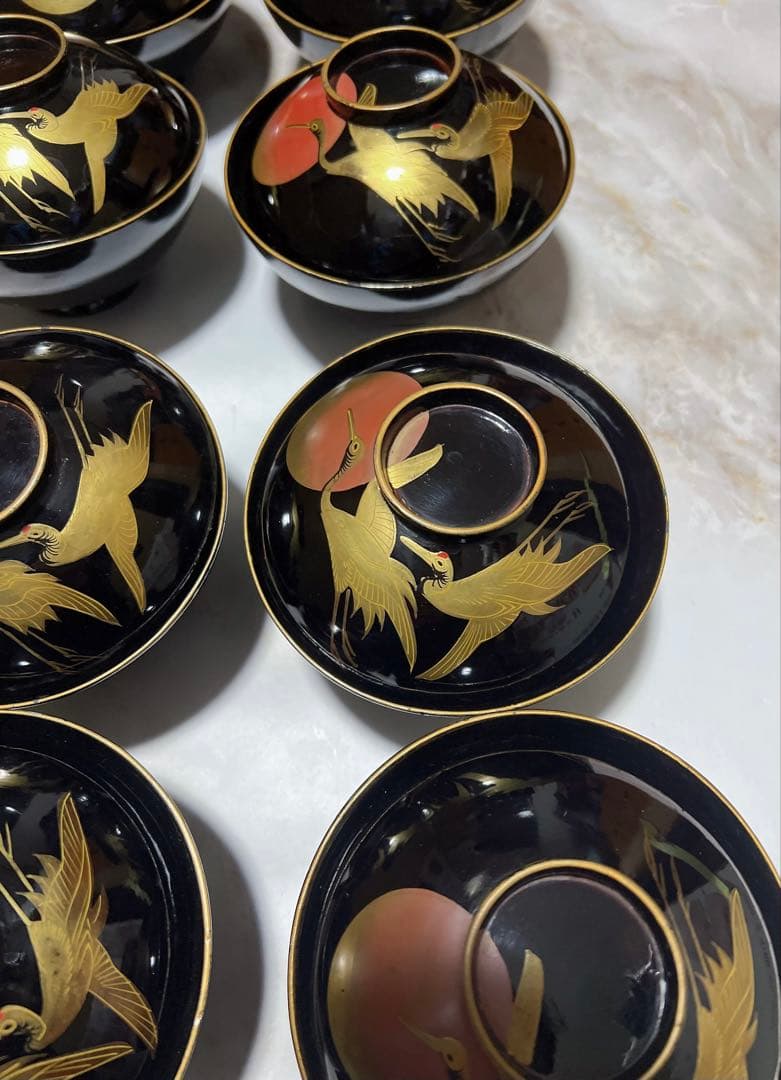 アンティーク　明治時代 鶴　金蒔絵　細工 漆器 吸物　吸物椀 蒔絵　希少　10客