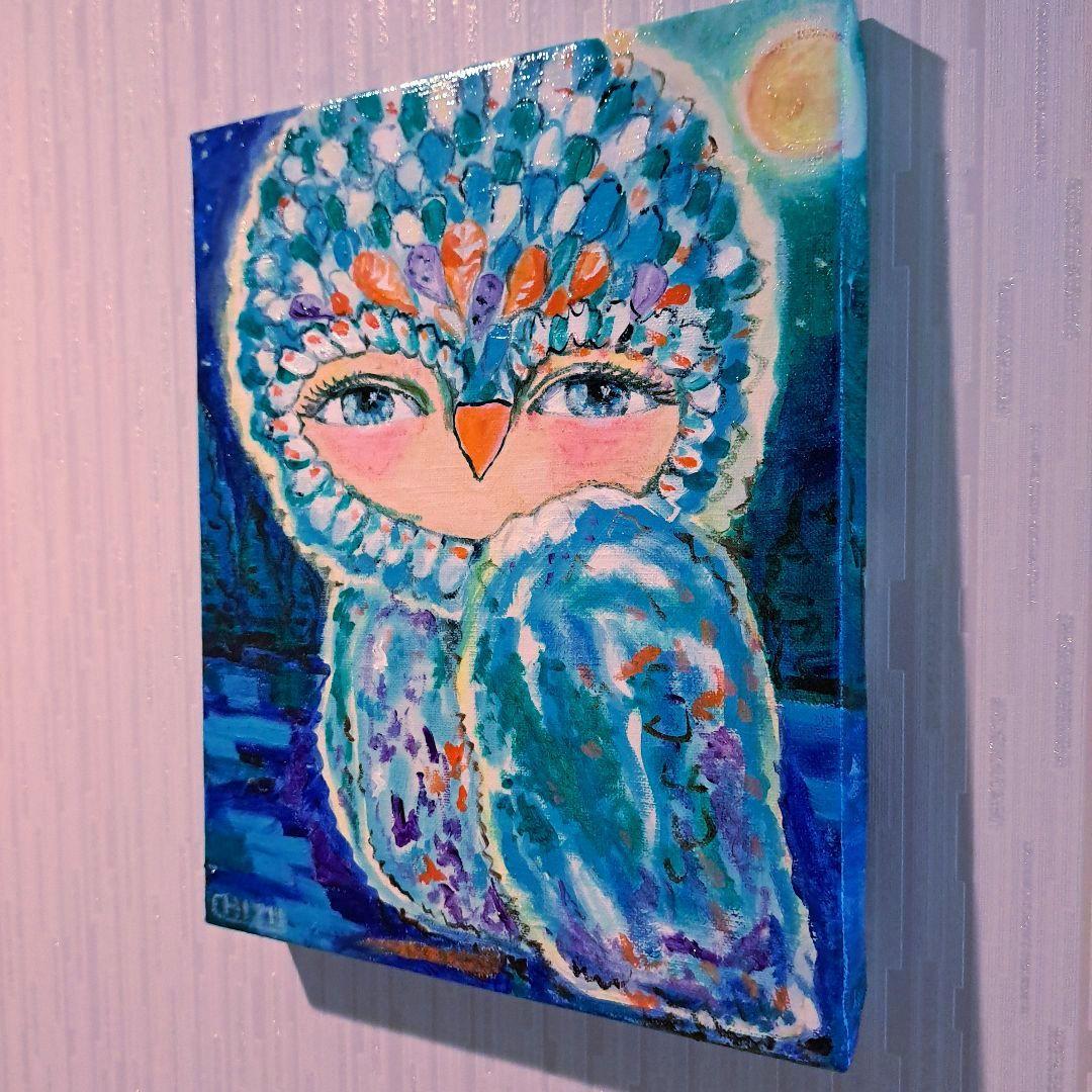 キャンバス油絵　専用　世界のカラフルなふくろう　とっても明るい月夜