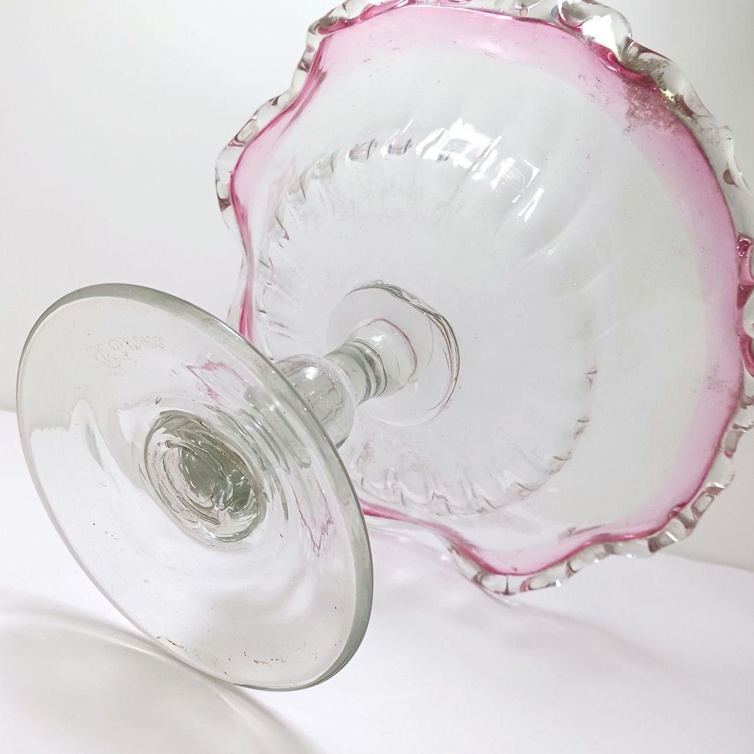 Y2680-1 時代レトロ 赤縁ガラス 大型コンポート 皿 サイン入り #6