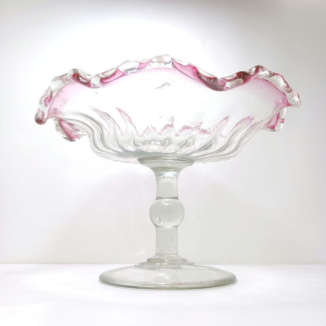 Y2680-1 時代レトロ 赤縁ガラス 大型コンポート 皿 サイン入り #6